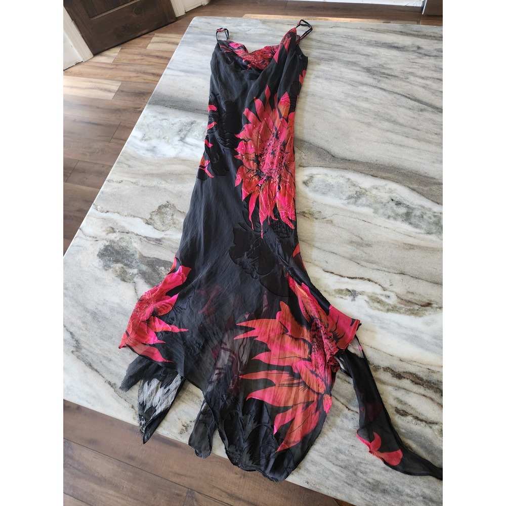 Y2K Cache Black Floral Beaded Silk Dress Fairy Asymetric Whimsigoth Romantic